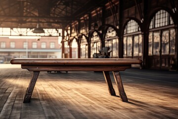 A Wooden Table Against Backdrop Of Vintage Train Station Blank Surface