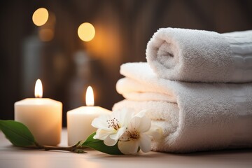 Fototapeta na wymiar spa and wellness design with towel candle and flower soft