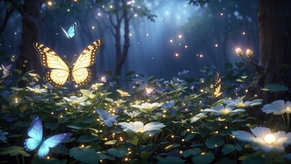 "Night's Enchanted Ballet: Fireflies and Butterfly Amidst Moonlit Dreamscape"