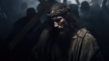 Obraz premium The Passion. Portrait of Jesus carrying the Cross
