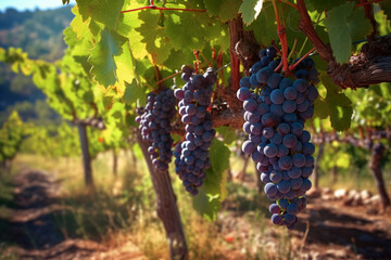 Close up of vineyard with ripe red wine grapes in countryside. AI Generated