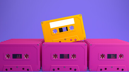 3d render. Vintage audio cassette tape of yellow color and pink on blue background. Music storage. Retro cartridge. SHOTLIST1990.