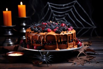 Fototapeta na wymiar tasty halloween cake decorated party