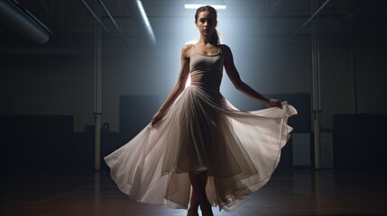 Model in a dance studio, spotlighted amidst a dim environment, emphasizing form and movement.