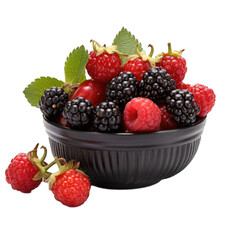 Berry mix: blackberries, raspberries, and currants in a ceramic basket isolated on transparent background