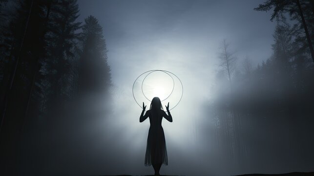 Model in a misty environment, backlit, creating a halo effect around the silhouette.
