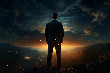 Fototapeta na wymiar Back View of Businessman Standing on Rocks with Nature Landscape at Sunset AI Generative