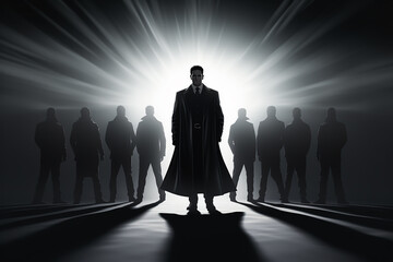 Silhouette of Businessman Leader Wearing Cloak Standing in the Middle of Light with Team AI Generative