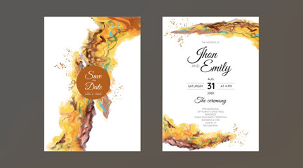 Set of Wedding Invitation, watercolor textures and fake gold splashes for a luxurious touch
