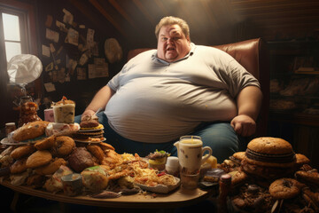 Fat man with big belly eats mountain of junk food at home