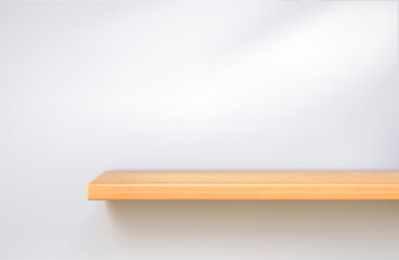 Realistic wooden shelf on a white lighted wall. Minimal scene with yellow table podium for product presentation. Clean shelf for kitchen, bathroom,interior mockup. Vector 3d illustration