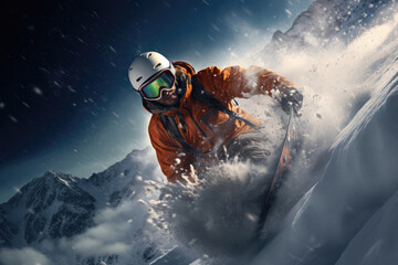 snowboarder going down the snowy mountain slope - obrazy, fototapety, plakaty