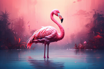 beautiful pink flamingo in a pond