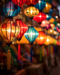 Fototapeta na wymiar Festive Lanterns: Colorful Glow at a Lively Night Market | Generative AI