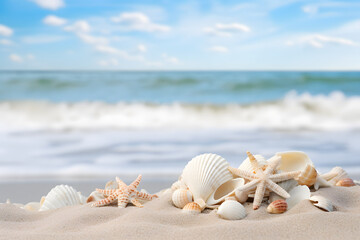 Coastal Harmony: Seashells and Ocean Waves on Sandy Shore | Generative AI	