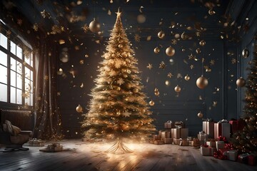 3D rendering of an unadorned Christmas tree, with the decorations suspended in mid-air around it. Capture the moment of transformation as the tree is magically dressed for the holidays.  
