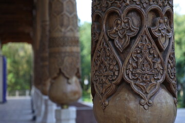 Wood carving in the mosque, closeup of photo with soft focus