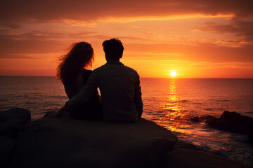 couple sharing a tender moment while watching a sunset. AI generated