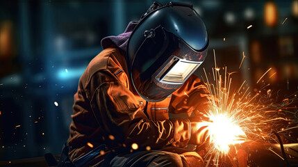 Worker or Welder wear safety gear who perform arc welding in the factory. Generative Ai