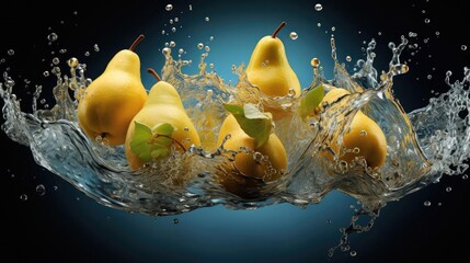 Fresh yellow pears splashed with water on a black, blurred background