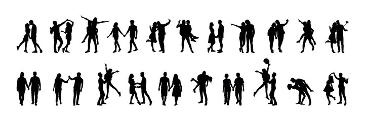 Collection of couple in different poses vector silhouette set.