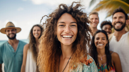 Fototapeta premium Young multicultural people in beach laughing against tropical beach