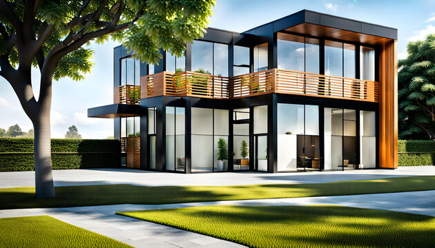 Modern small scale design style office building. Simple exterior and surrounding garden.
