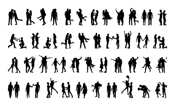 Collection of romantic couple silhouettes in various poses set. Couples falling in love different poses vector silhouette set collection