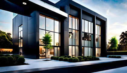 Modern small scale design style office building. Simple exterior and surrounding garden.