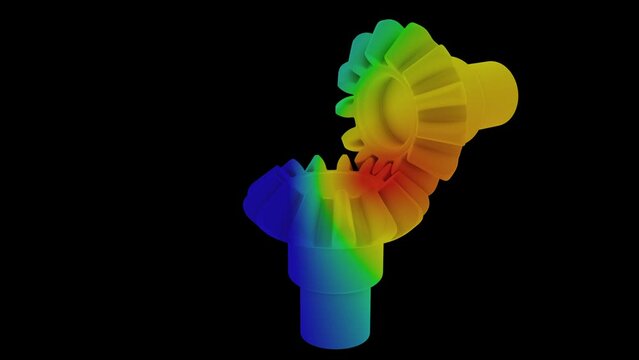mechanical stress, tension or temperature analysis video of two connected gears. industrial mechanical parts running together