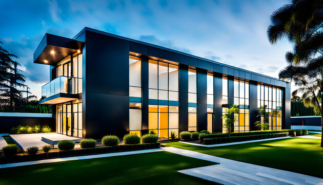 Modern small scale design style office building. Simple exterior and surrounding garden.