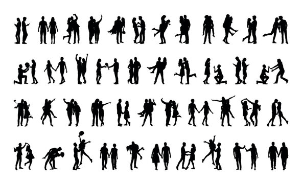 Couple fall in love in different poses vector silhouettes large collection. Collection of romantic couple with various poses silhouettes set.