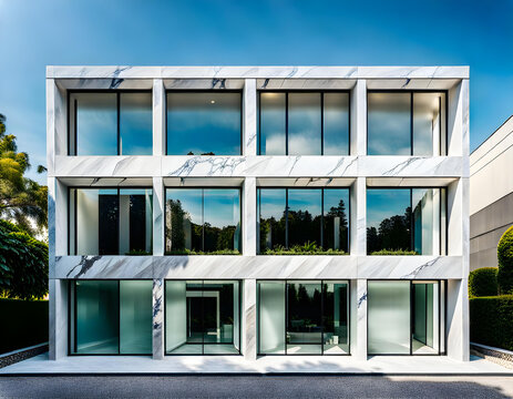 Modern small scale design style office building. Simple exterior and surrounding garden.