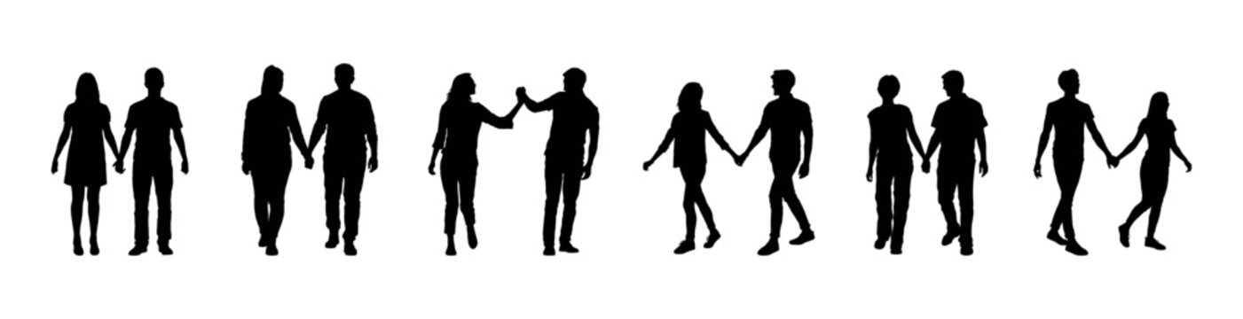 Couple holding hands while walking isolated vector silhouette set.