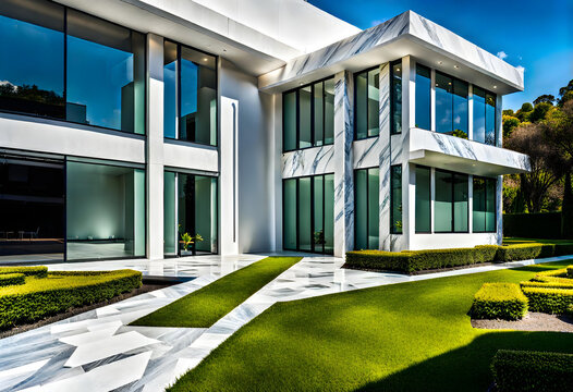 Modern small scale design style office building. Simple exterior and surrounding garden.