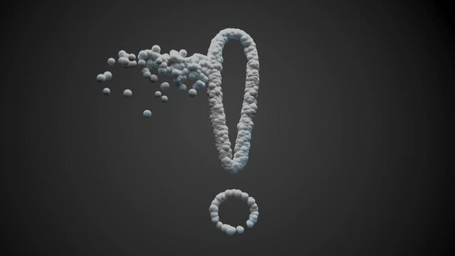 abstract video with map mark, question mark and exclamation point made of small spheres particles