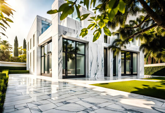 Modern small scale design style office building. Simple exterior and surrounding garden.