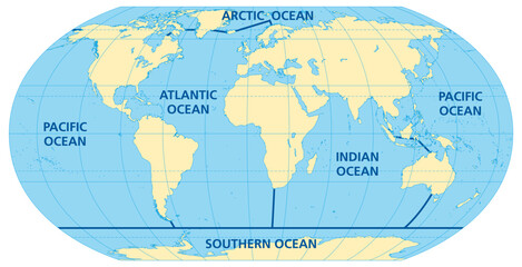World map of the five oceans, model of oceanic divisions with approximate boundaries. Pacific, Atlantic, Indian, Arctic, and Southern or Antarctic Ocean. Map of the world oceans, bodies of salt water.