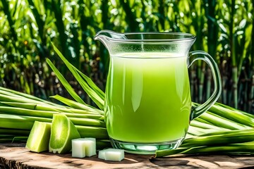 fresh sugarcane juice with blur garden background