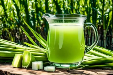 Rolgordijnen fresh sugarcane juice with blur garden background © Lady