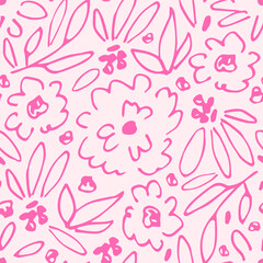 Simple floral vector seamless pattern. Pink outline of flowers, leaves, twigs on a light background. For fabric prints, textiles, packaging, stationery.