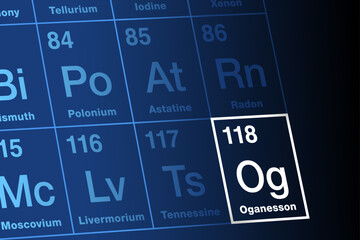 Oganesson on periodic table of elements. Extremely radioactive superheavy synthetic transactinide element. Symbol Og, atomic number 118, named after Russian-American nuclear physicist Yuri Oganessian.