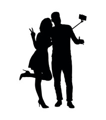 Couple taking selfie with selfie stick vector silhouette.