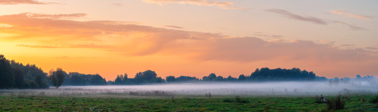 Colorful country landscape with fog over a meadow with trees in the early morning. End of summer, beginning of autumn. Panorama.