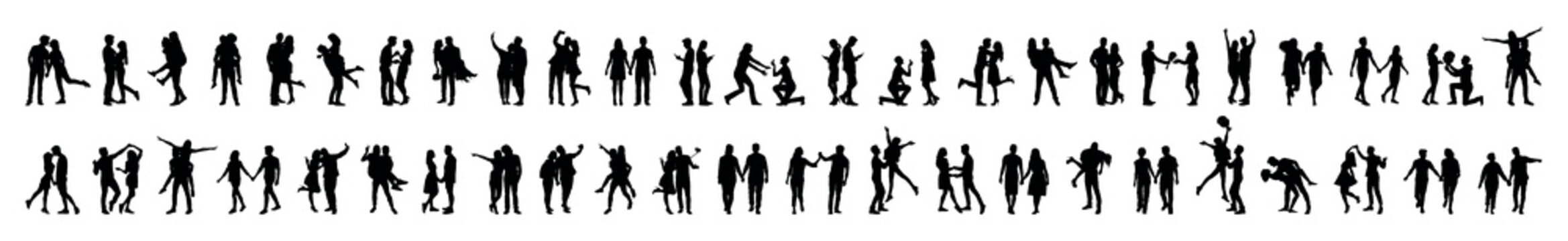 Couples falling in love various poses vector silhouette set collection.