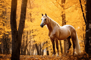 close up of a horse in autumn park
