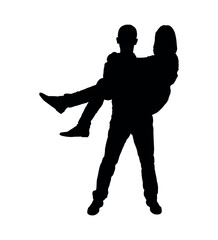Man carrying woman in his hands vector silhouette.