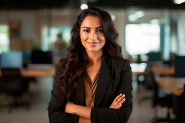 Fototapeta premium indian asian businesswoman, in the office. Smiling. Light