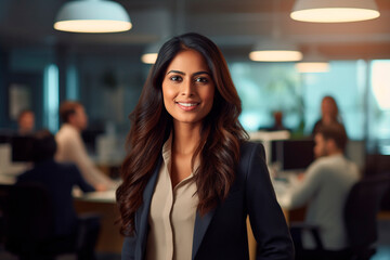 indian asian businesswoman, in the office. Smiling. Light - obrazy, fototapety, plakaty