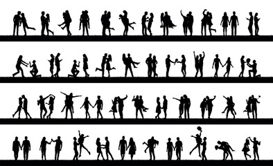 Happy couple with various poses outdoor on park silhouettes set collection.